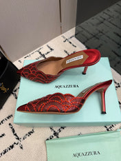 AQUAZZURA 26S HEEL MULES 85 MM IN METALLIC RED SEQUIN AND CALFSKIN