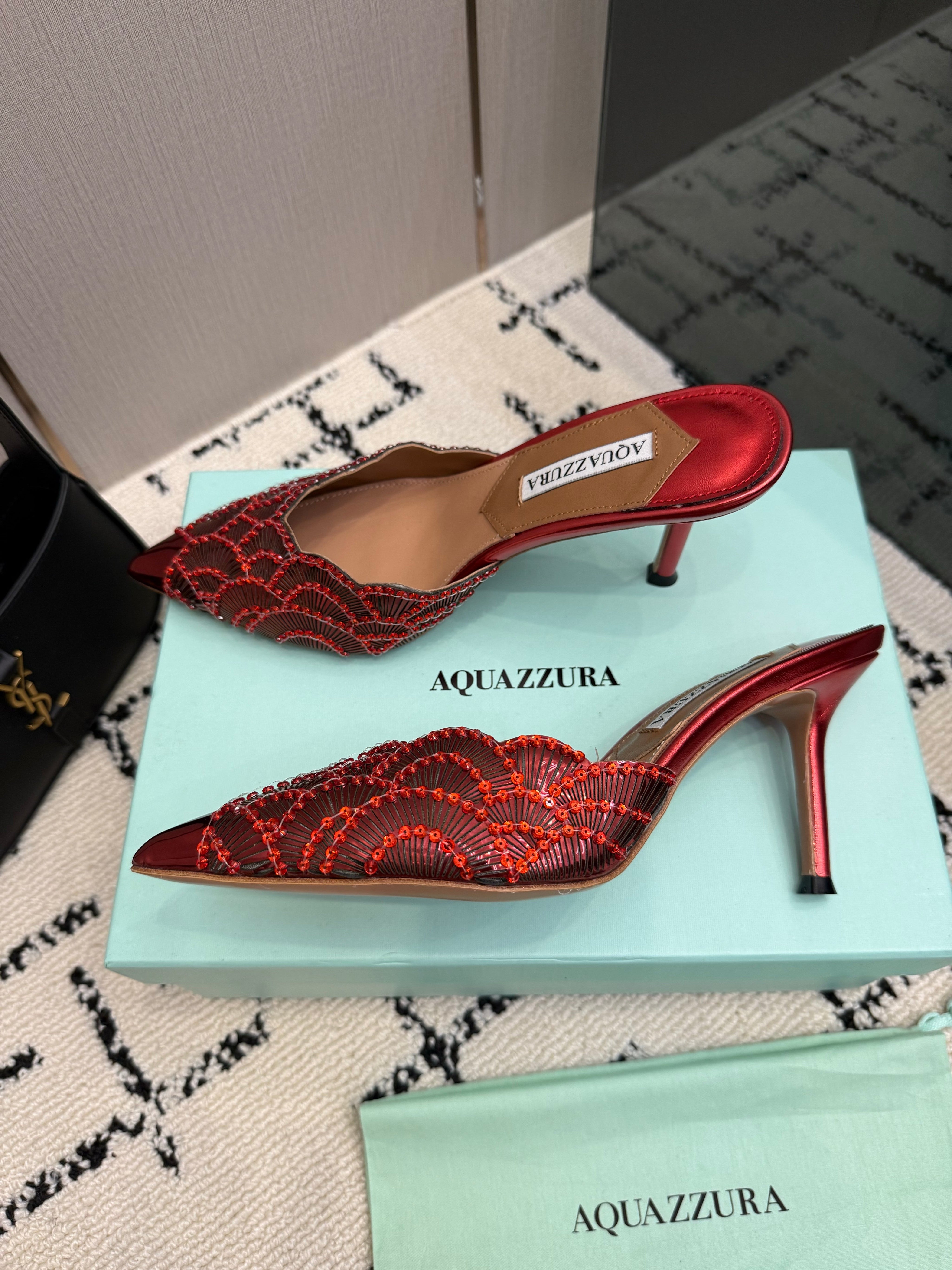 AQUAZZURA 26S HEEL MULES 85 MM IN METALLIC RED SEQUIN AND CALFSKIN
