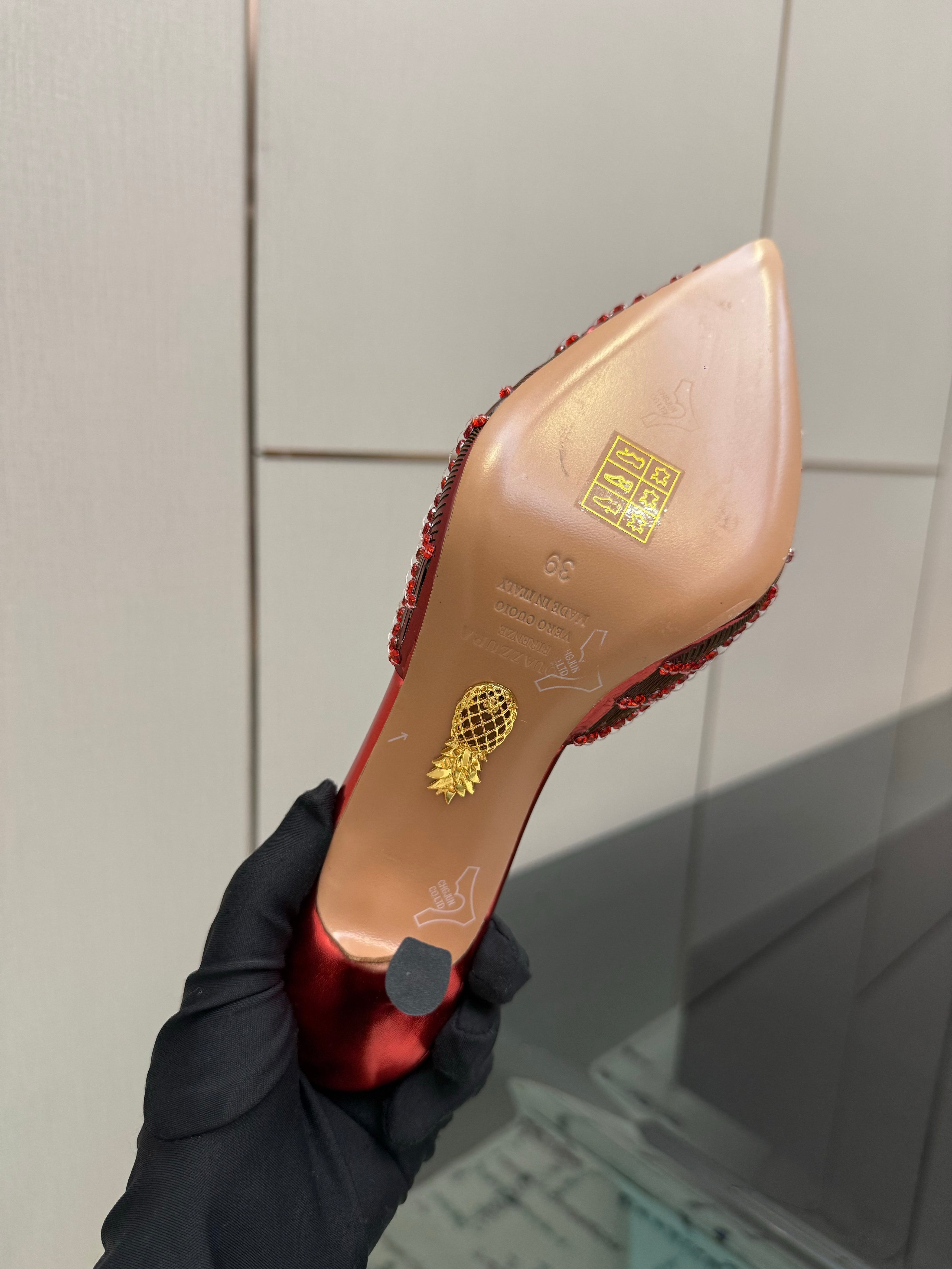 AQUAZZURA 26S HEEL MULES 85 MM IN METALLIC RED SEQUIN AND CALFSKIN