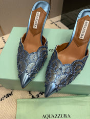 AQUAZZURA 26S HEEL MULES 85 MM IN METALLIC BLUE SEQUIN AND CALFSKIN