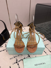 AQUAZZURA 26S HEEL SANDALS 80 MM IN BROWN WOVEN FABRIC