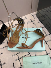 AQUAZZURA 26S HEEL SANDALS 80 MM IN BROWN WOVEN FABRIC