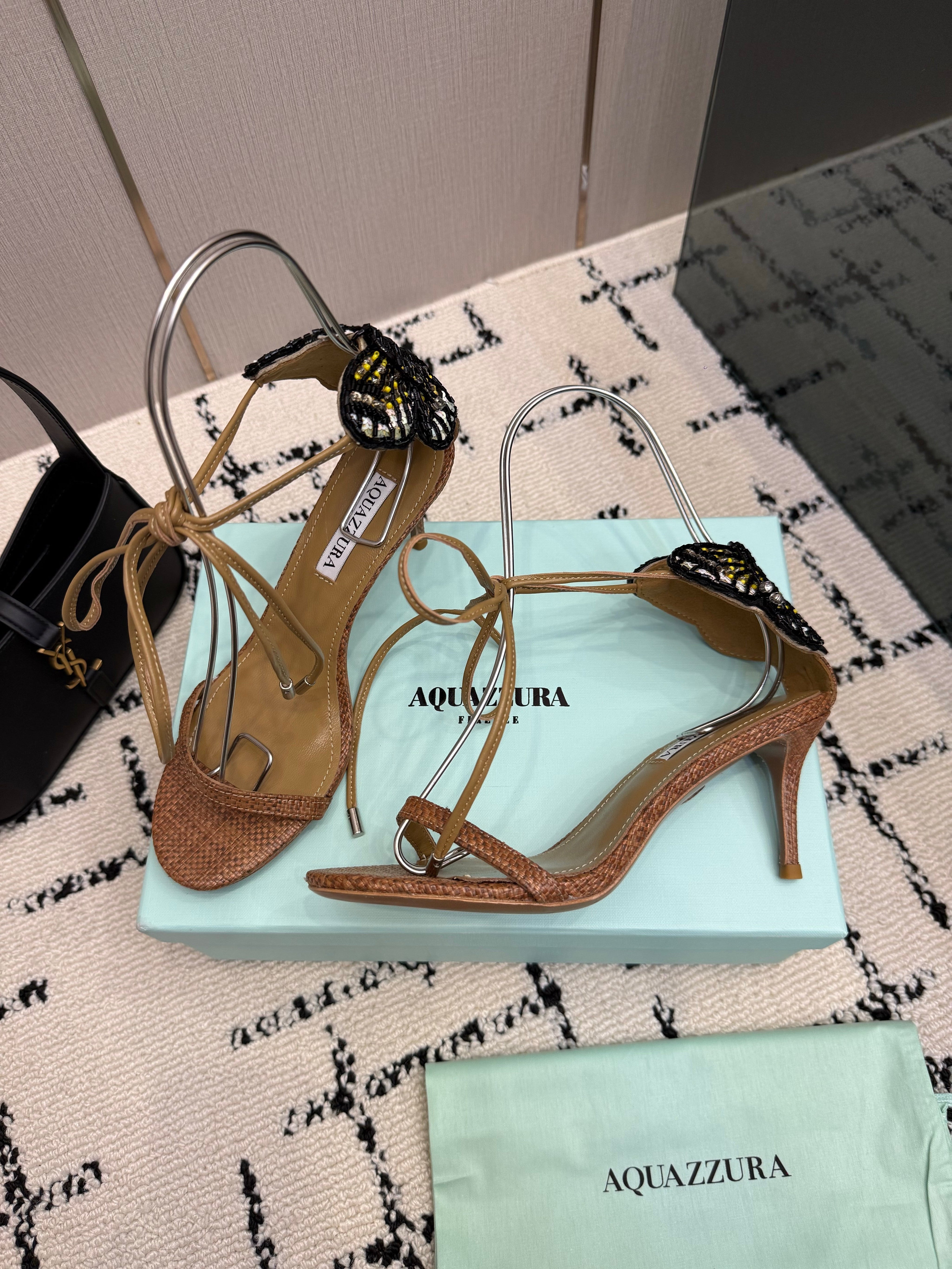 AQUAZZURA 26S HEEL SANDALS 80 MM IN BROWN WOVEN FABRIC