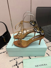 AQUAZZURA 26S HEEL SANDALS 80 MM IN BROWN WOVEN FABRIC