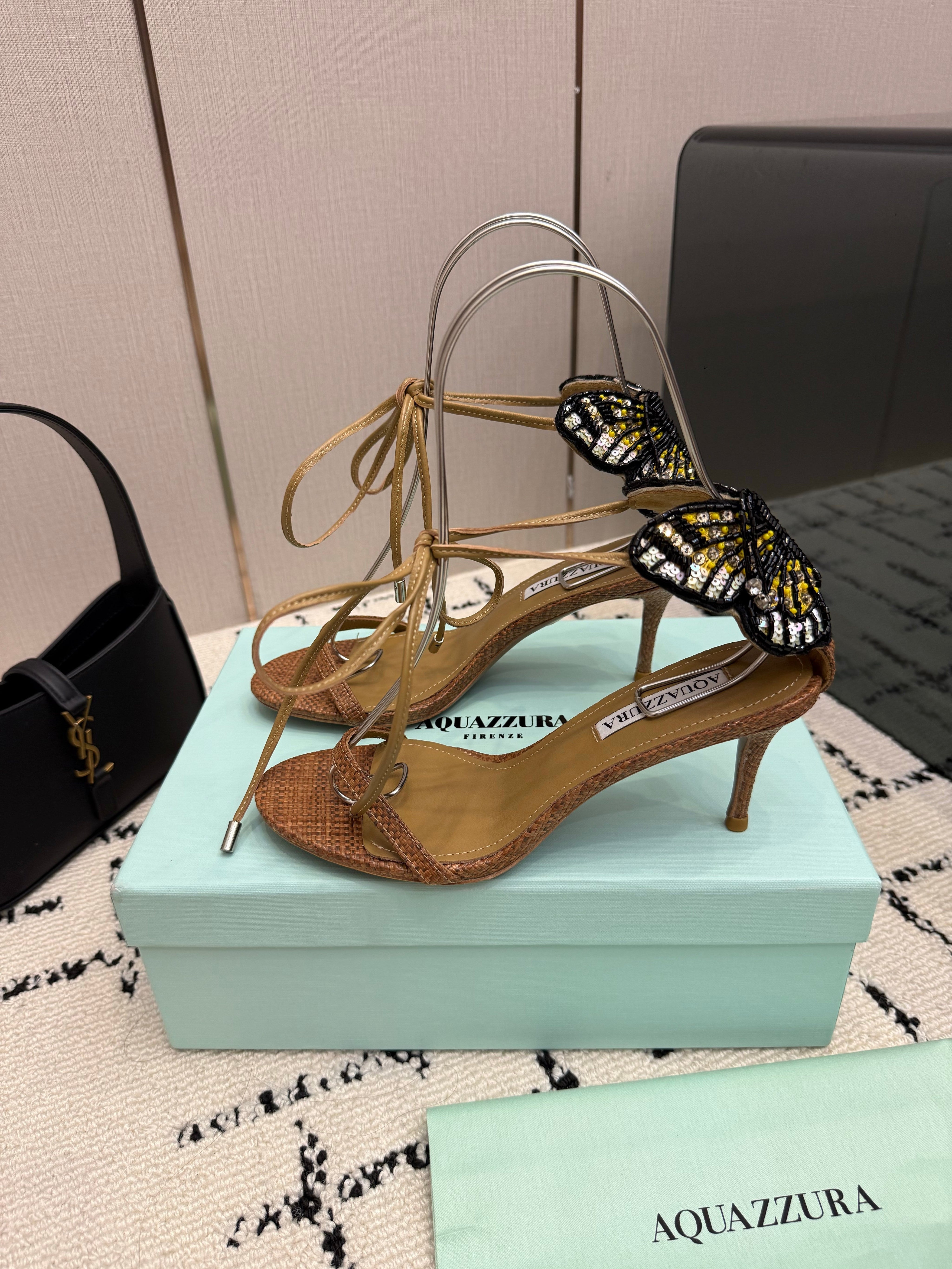 AQUAZZURA 26S HEEL SANDALS 80 MM IN BROWN WOVEN FABRIC