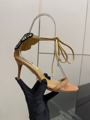 AQUAZZURA 26S HEEL SANDALS 80 MM IN BROWN WOVEN FABRIC