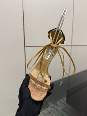 AQUAZZURA 26S HEEL SANDALS 80 MM IN BROWN WOVEN FABRIC