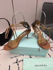 AQUAZZURA 26S HEEL SANDALS 80 MM IN BROWN WOVEN FABRIC