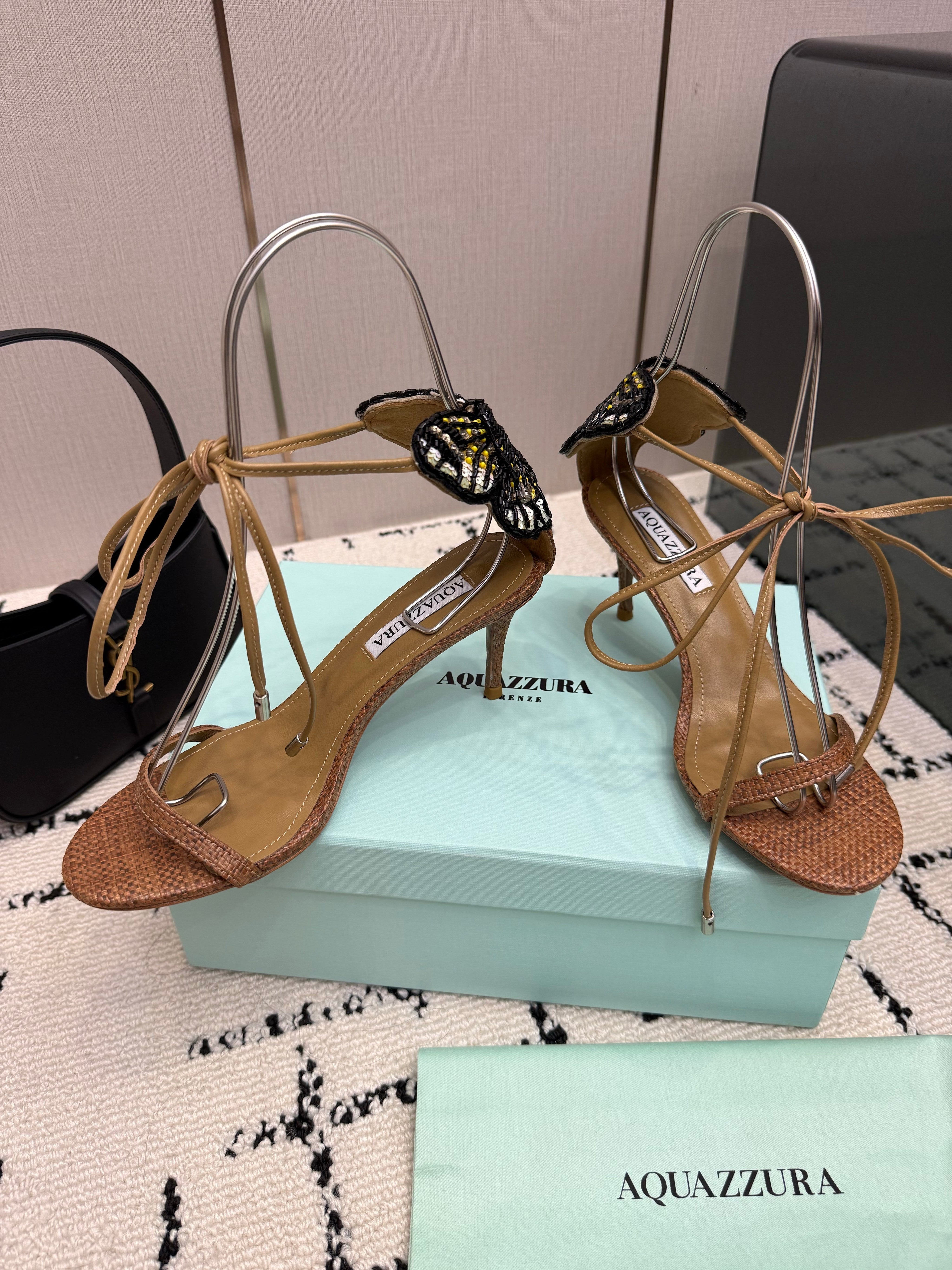 AQUAZZURA 26S HEEL SANDALS 80 MM IN BROWN WOVEN FABRIC