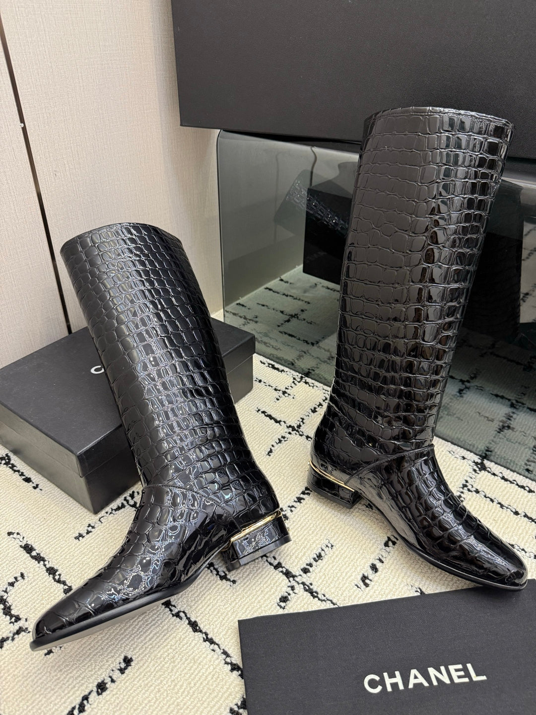 CHANEL 26S TALL BOOTS IN BLACK CALFSKIN CROCODILE EMBOSSED