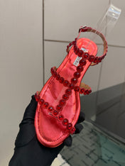 AQUAZZURA 26S FLAT SANDALS IN METALLIC RED LAMBSKIN CRYSTAL-EMBELLISHED