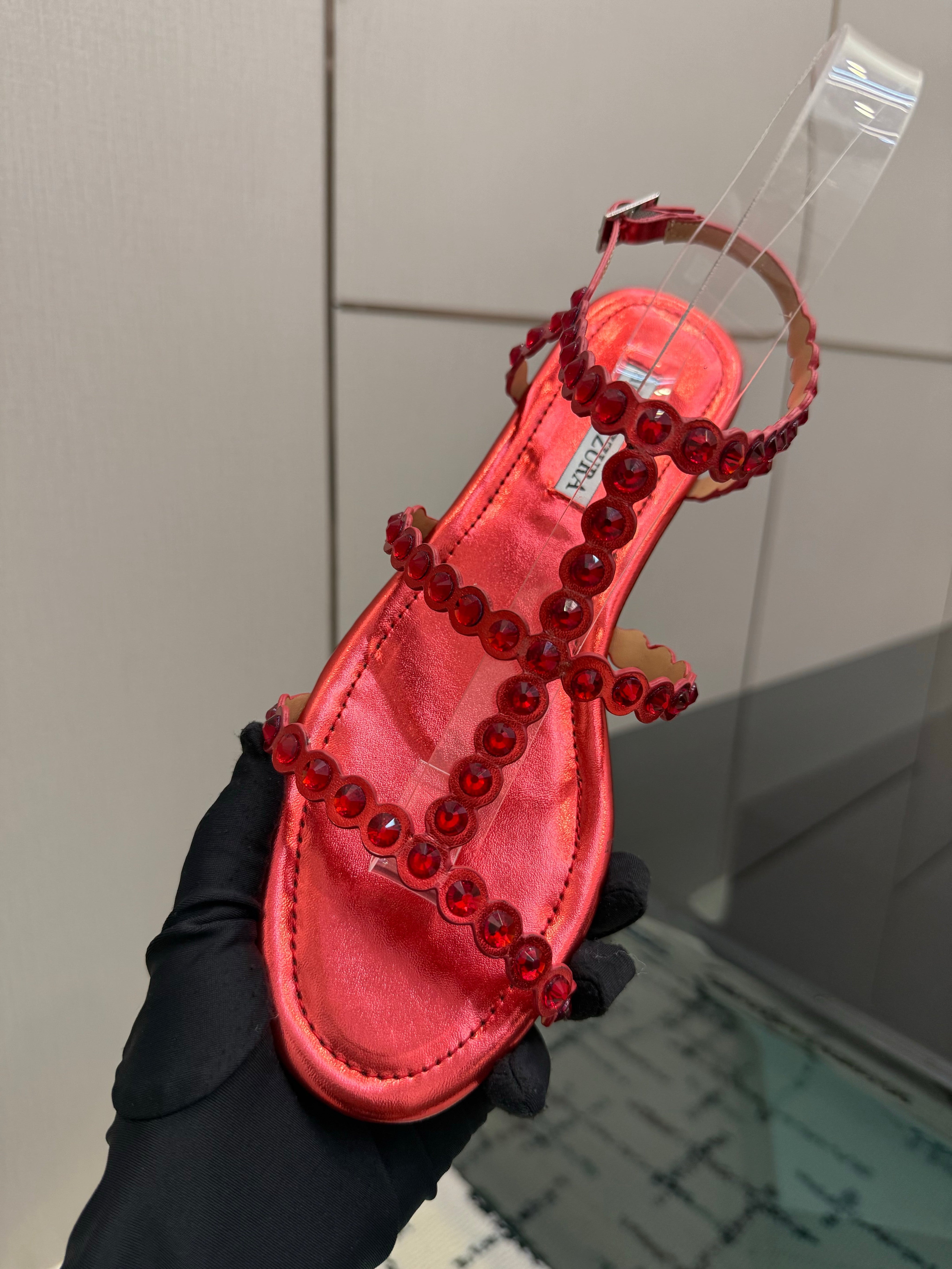 AQUAZZURA 26S FLAT SANDALS IN METALLIC RED LAMBSKIN CRYSTAL-EMBELLISHED