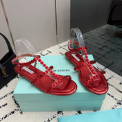AQUAZZURA 26S FLAT SANDALS IN METALLIC RED LAMBSKIN CRYSTAL-EMBELLISHED