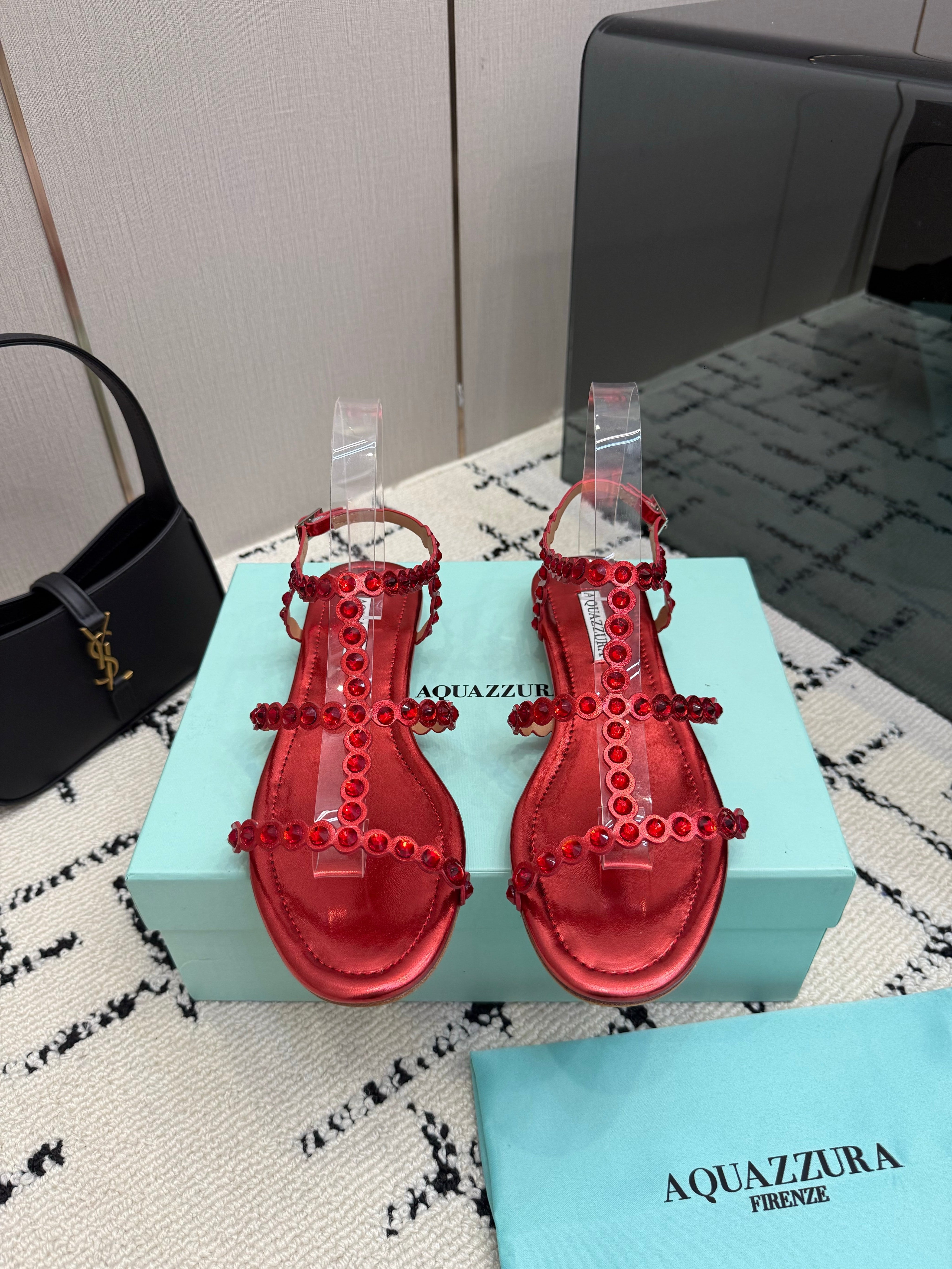 AQUAZZURA 26S FLAT SANDALS IN METALLIC RED LAMBSKIN CRYSTAL-EMBELLISHED