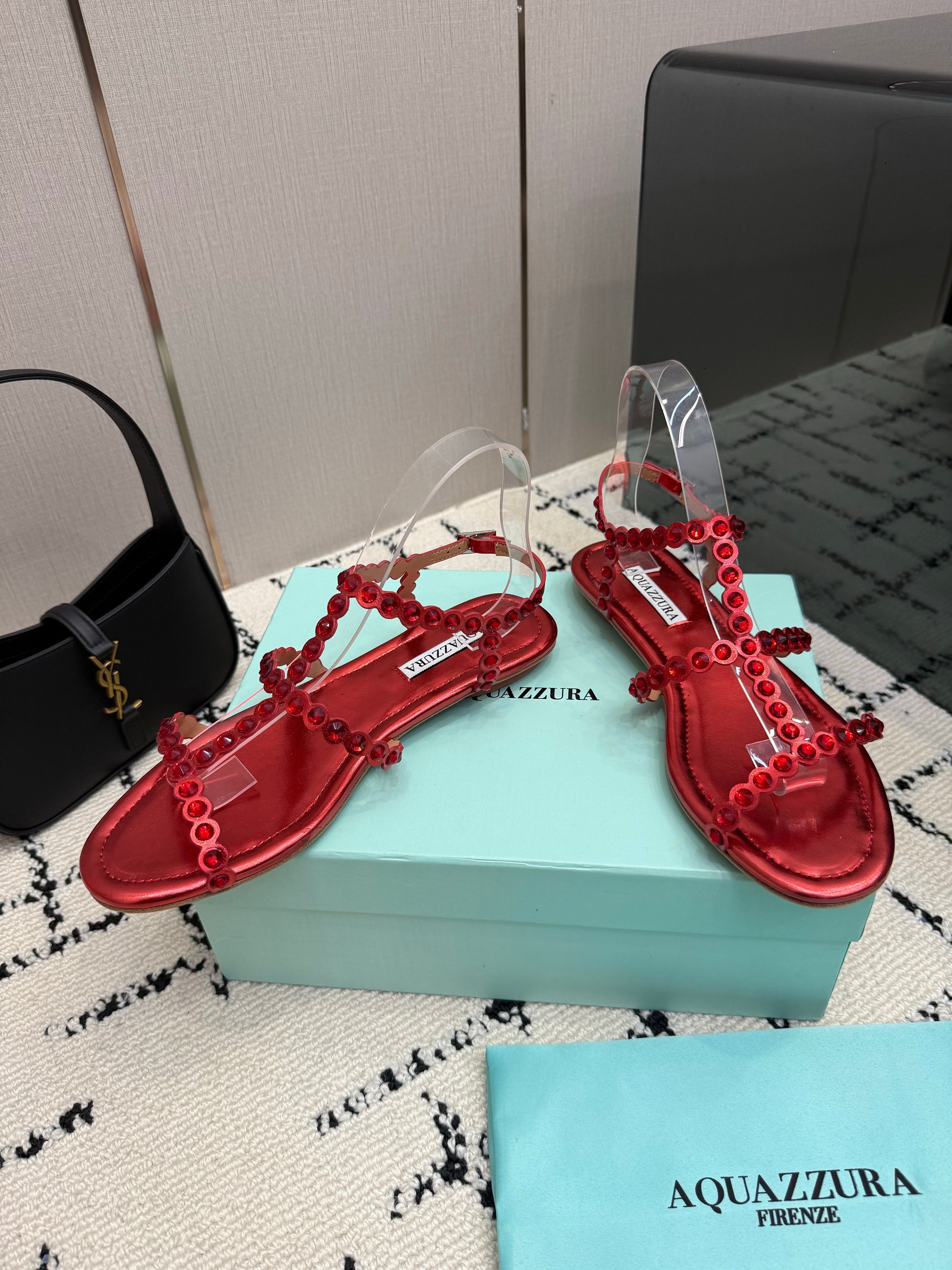 AQUAZZURA 26S FLAT SANDALS IN METALLIC RED LAMBSKIN CRYSTAL-EMBELLISHED