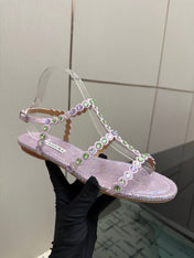 AQUAZZURA 26S FLAT SANDALS IN LIGHT PURPLE SNAKESKIN CRYSTAL-EMBELLISHED