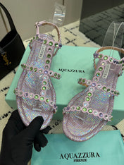 AQUAZZURA 26S FLAT SANDALS IN LIGHT PURPLE SNAKESKIN CRYSTAL-EMBELLISHED