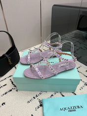 AQUAZZURA 26S FLAT SANDALS IN LIGHT PURPLE SNAKESKIN CRYSTAL-EMBELLISHED