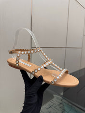 AQUAZZURA 26S FLAT SANDALS IN NUDE LAMBSKIN CRYSTAL-EMBELLISHED