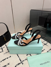 AQUAZZURA 26S HEEL SANDALS 80 MM IN BLACK SATIN CRYSTAL STONES