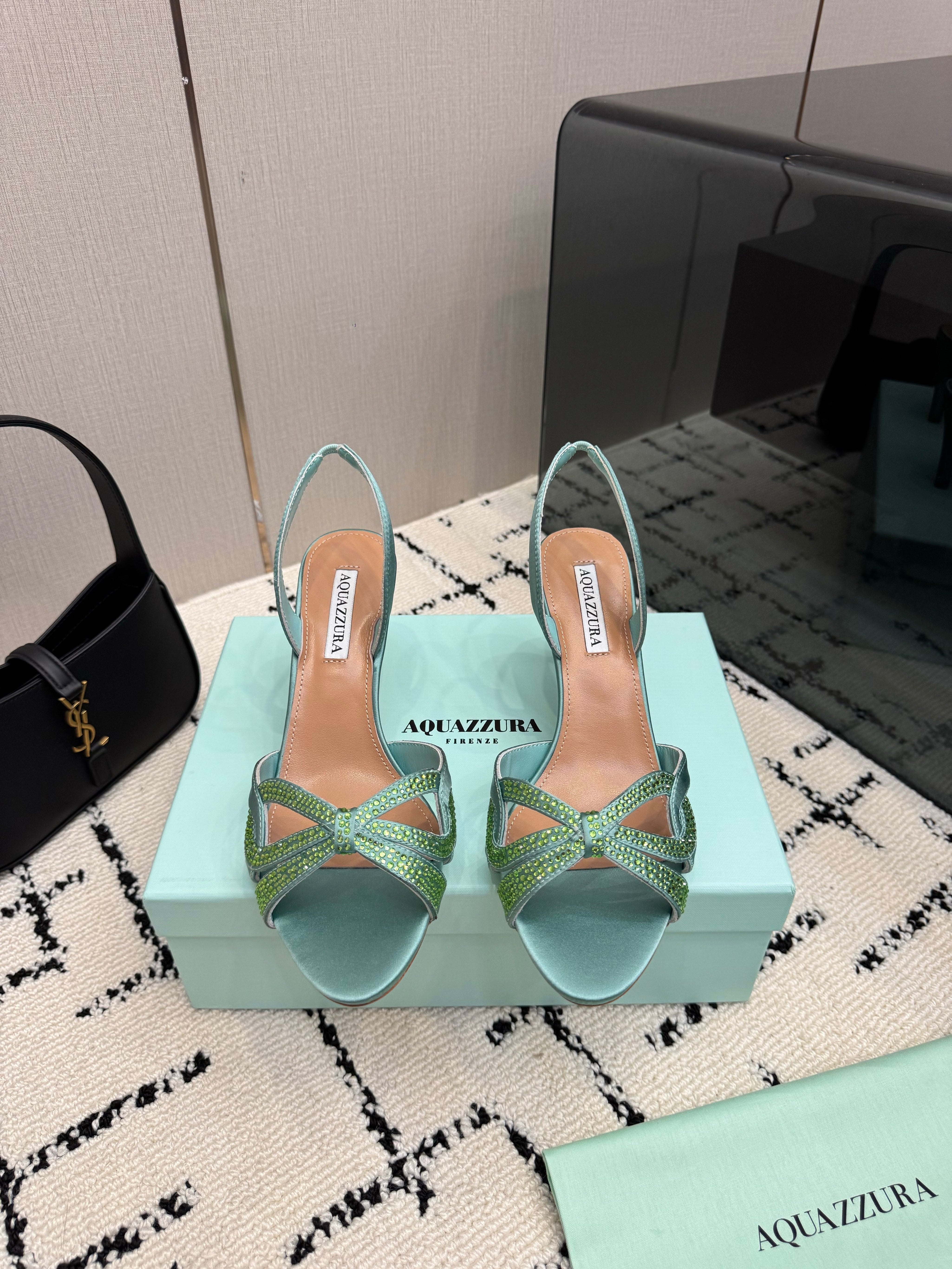 AQUAZZURA 26S HEEL SANDALS 80 MM IN MINT GREEN SATIN CRYSTAL STONES