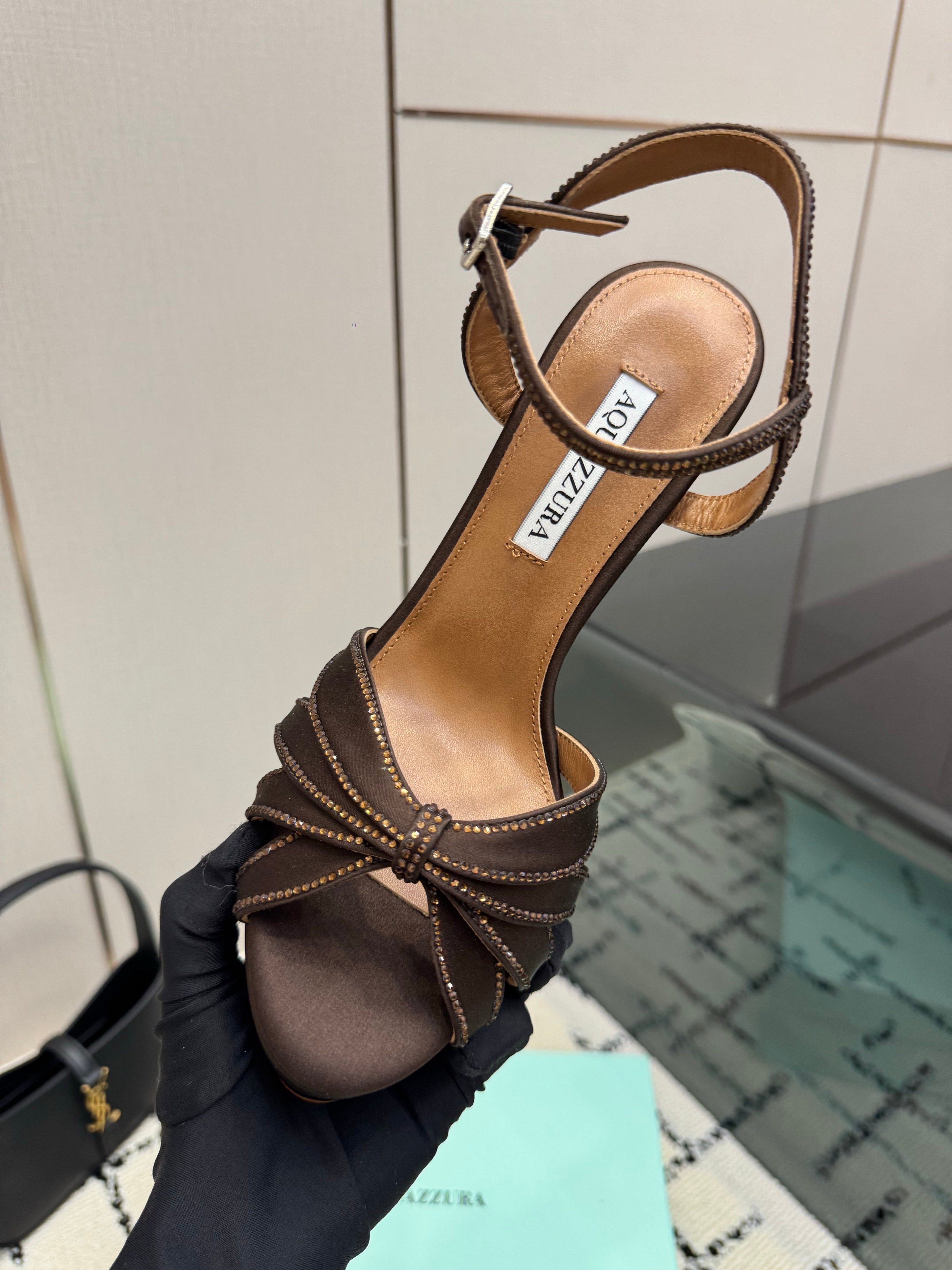 AQUAZZURA 26S HEEL SANDALS 135 MM IN DARK BROWN SATIN RHINESTONE