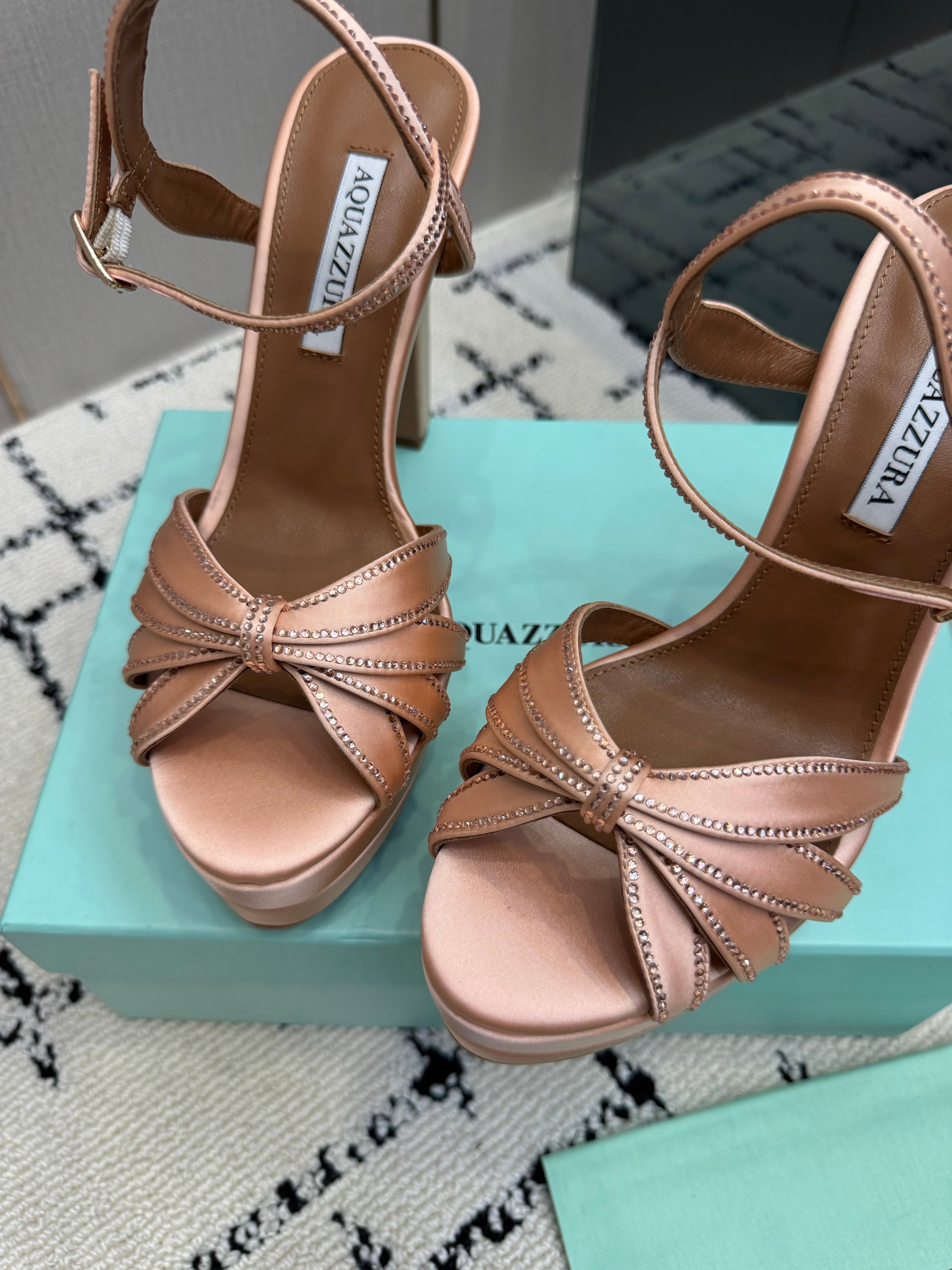 AQUAZZURA 26S HEEL SANDALS 135 MM IN NUDE SATIN RHINESTONE