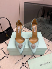 AQUAZZURA 26S POINTED-TOE PUMPS 105 MM IN MINT GREEN SATIN