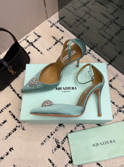 AQUAZZURA 26S POINTED-TOE PUMPS 105 MM IN MINT GREEN SATIN