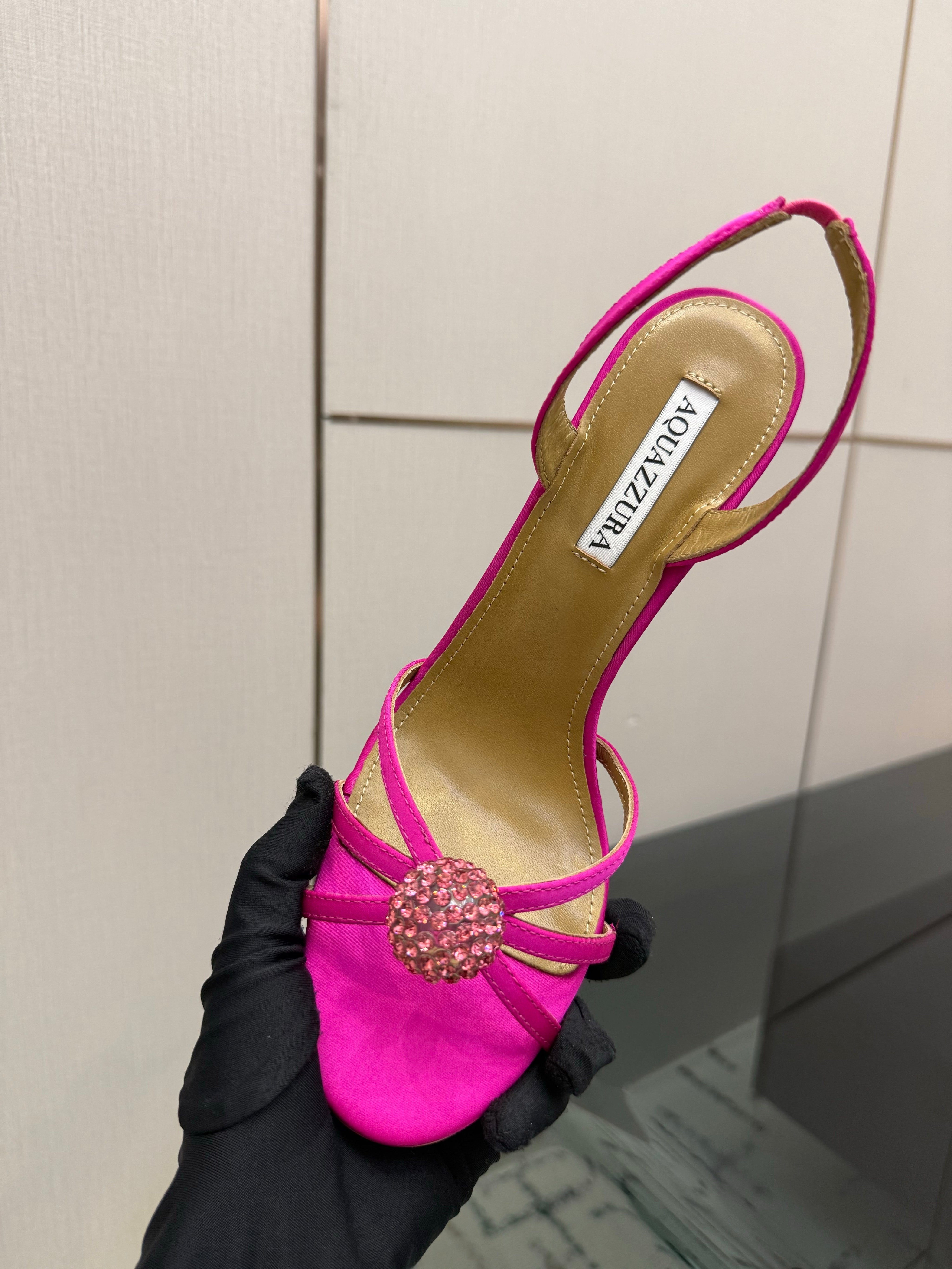 AQUAZZURA 26S STRAPPY HEELS 105 MM IN DARK PINK SATIN