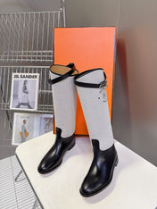 HM 25S JUMPING BOOT IN BLACK LAMBSKIN AND GREY CANVAS WITH SILVER HARDWARE