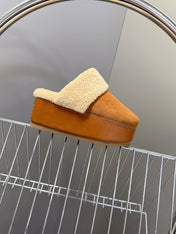 CELINE 26S WEDGE MULES IN ORANGE BROWN SUEDE AND BEIGE WOOL