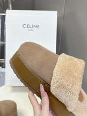 CELINE 26S WEDGE MULES IN SAND BEIGE SUEDE AND WOOL