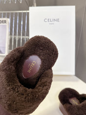 CELINE 26S WEDGE MULES IN PLUM BROWN SUEDE AND WOOL