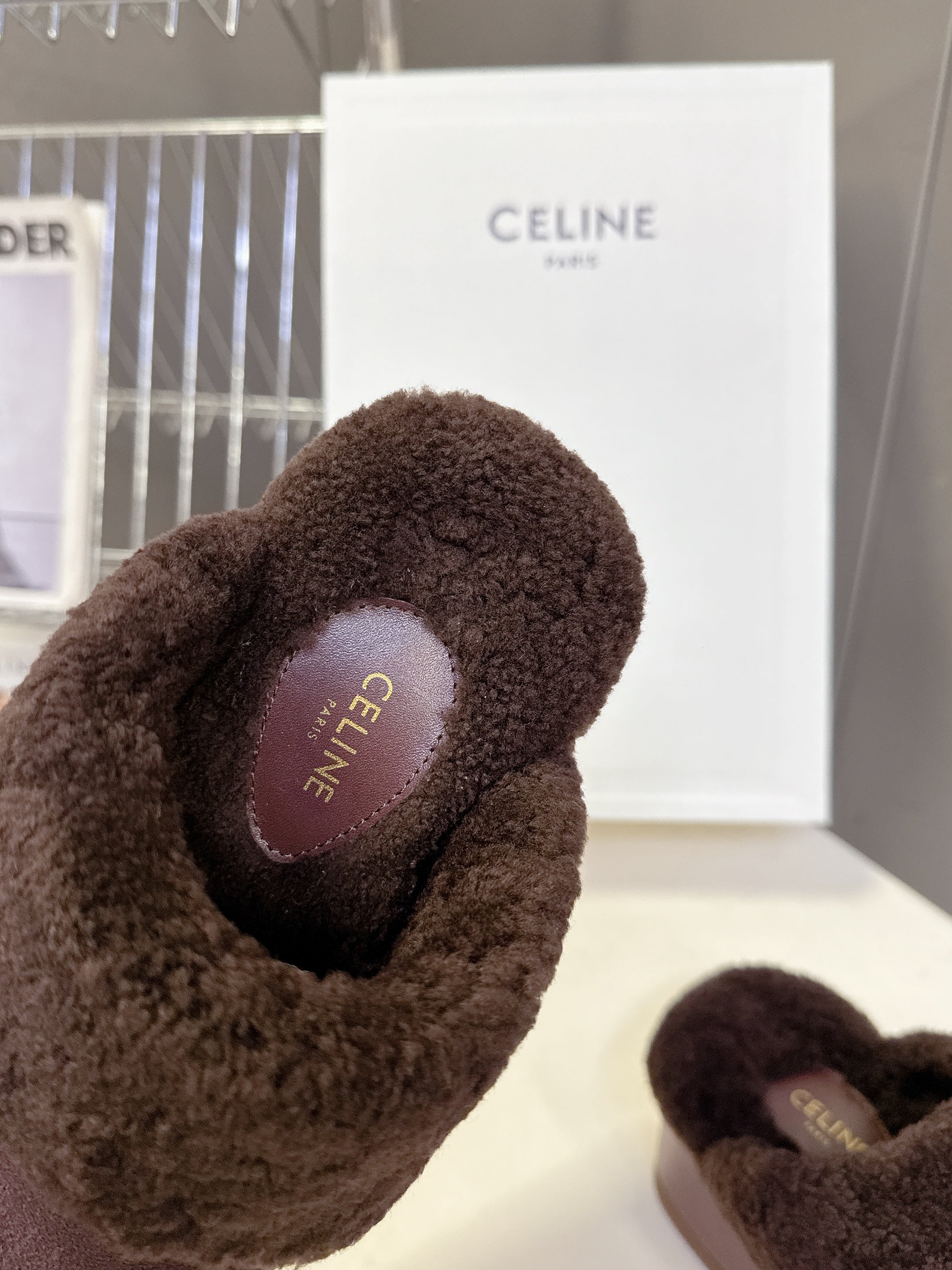 CELINE 26S WEDGE MULES IN PLUM BROWN SUEDE AND WOOL