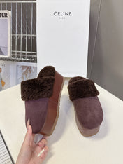 CELINE 26S WEDGE MULES IN PLUM BROWN SUEDE AND WOOL