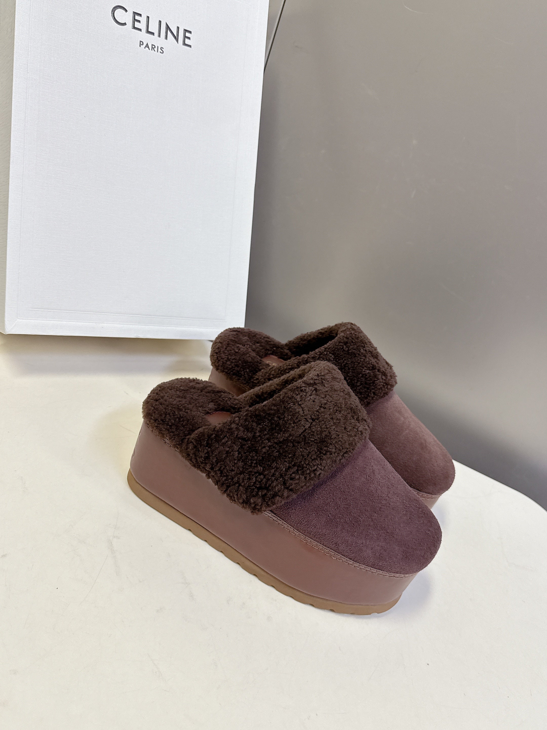 CELINE 26S WEDGE MULES IN PLUM BROWN SUEDE AND WOOL