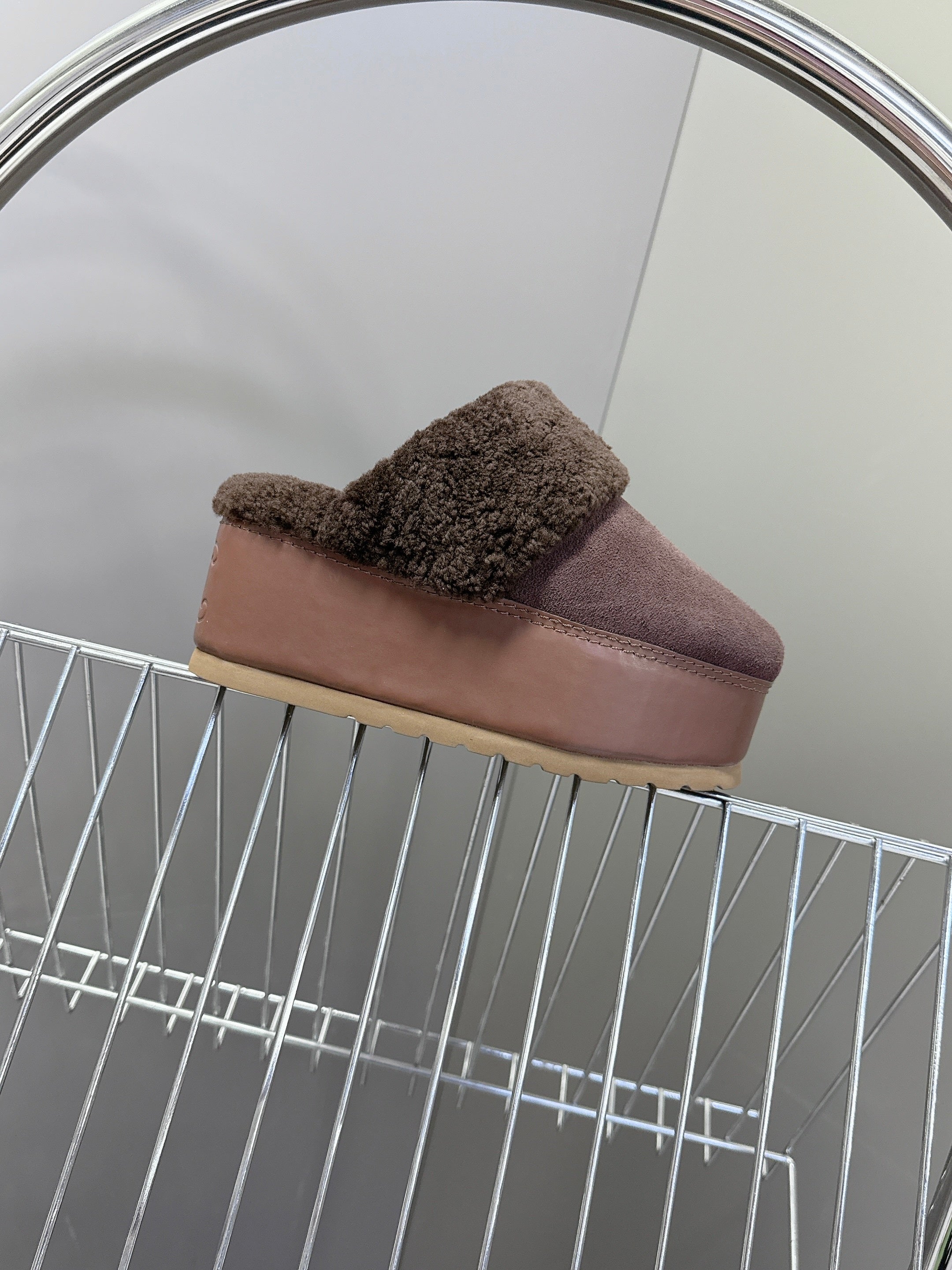 CELINE 26S WEDGE MULES IN PLUM BROWN SUEDE AND WOOL