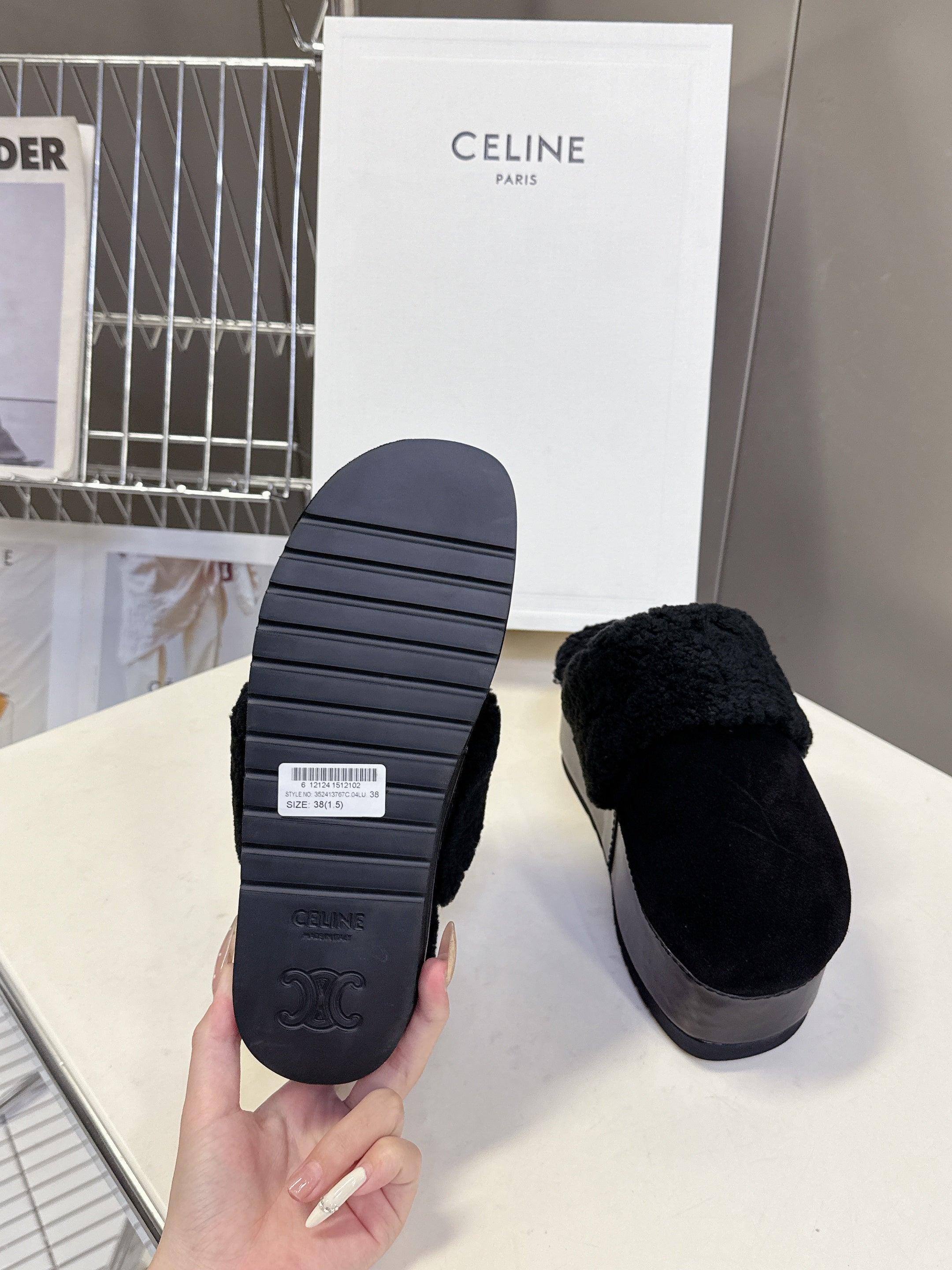 CELINE 26S WEDGE MULES IN BLACK SUEDE AND WOOL