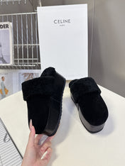 CELINE 26S WEDGE MULES IN BLACK SUEDE AND WOOL