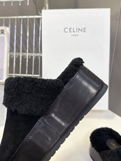 CELINE 26S WEDGE MULES IN BLACK SUEDE AND WOOL