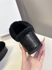 CELINE 26S WEDGE MULES IN BLACK SUEDE AND WOOL