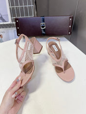 ALAIA 26S MESH THONG HEELS 55 MM IN PALE PINK PATENT CALFSKIN