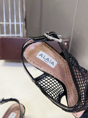 ALAIA 26S MESH THONG HEELS 55 MM IN BLACK PATENT CALFSKIN