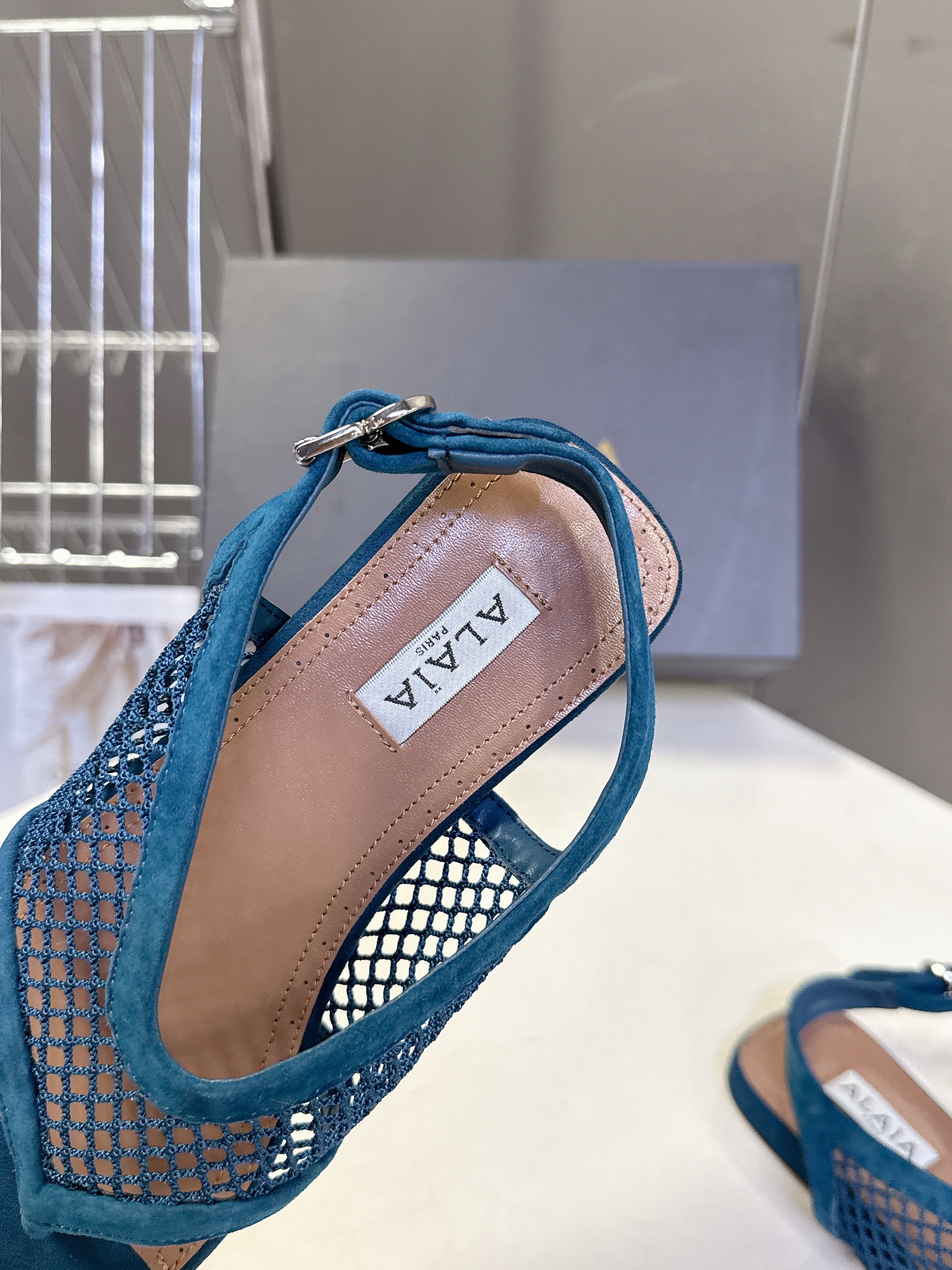 ALAIA 26S FLAT MESH THONG SANDALS IN PETROL BLUE SUEDE