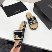 CC SLIDE SANDALS 25S IN BEIGE CALFSKIN MIX BLACK FABRIC
