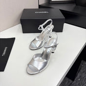 CC HIGH SANDAL 25S 80 MM IN SILVER CALFSKIN WITH PEARL DETAILS