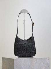 YSL 25S LE 5 À 7 SUPPLE SMALL 16 IN BLACK RAFFIA AND LEATHER GOLD HARDWARE