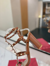 VALENTINO 26S STUDDED HIGH HEEL SANDALS 90 MM IN BROWN CALFSKIN