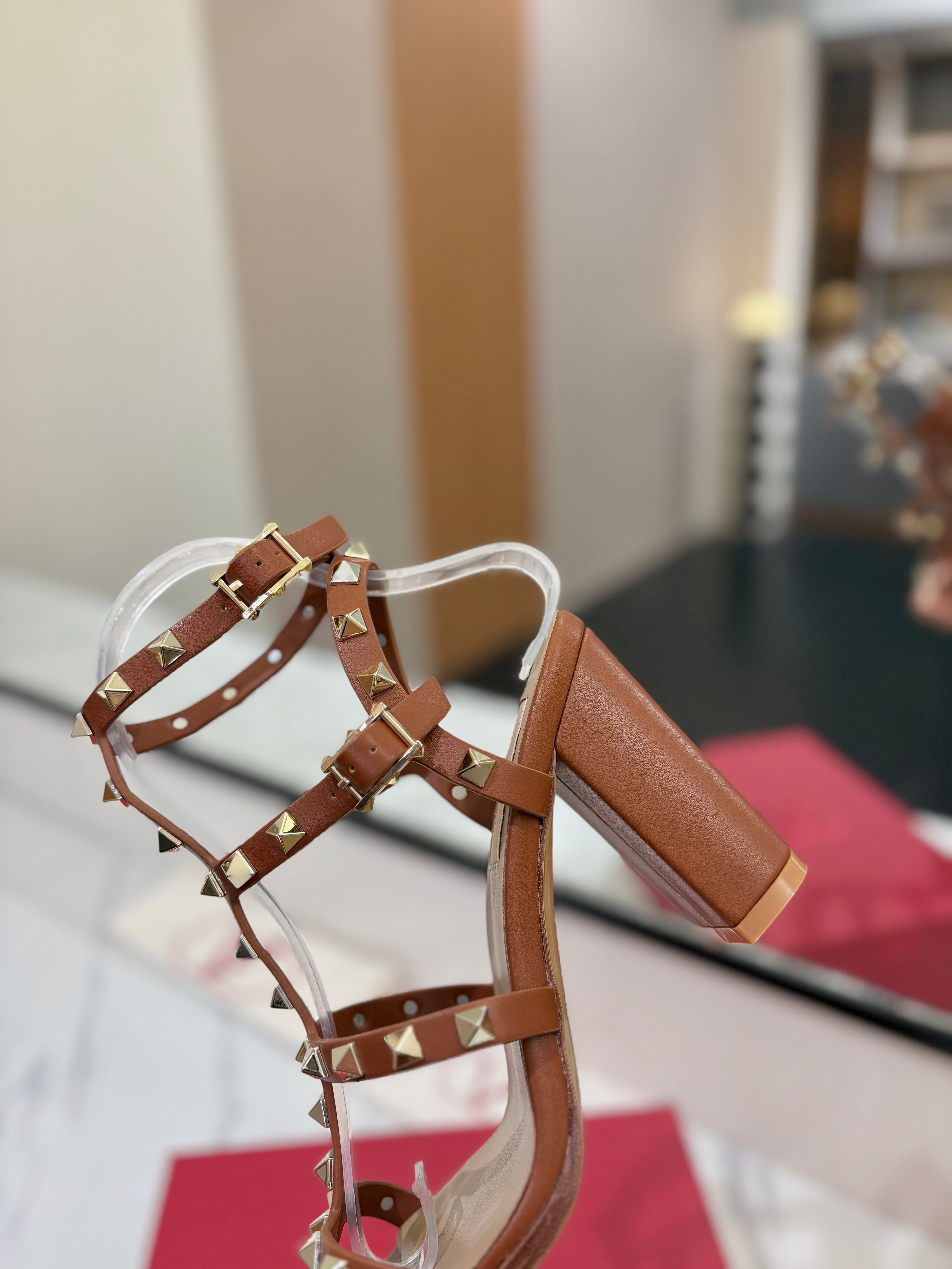 VALENTINO 26S STUDDED HIGH HEEL SANDALS 90 MM IN BROWN CALFSKIN